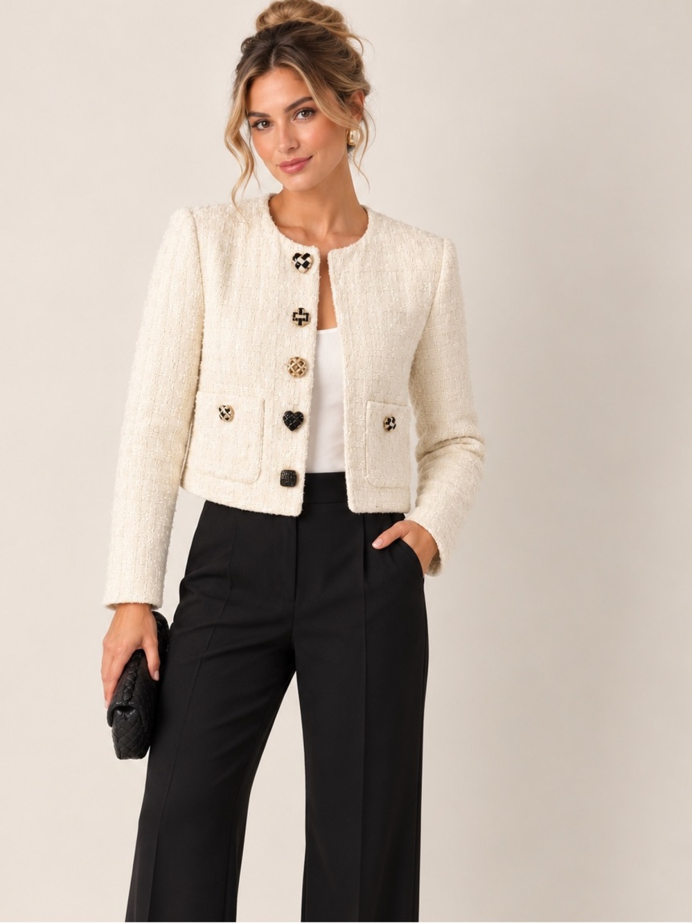 English Factory Ivory Textured Tweed cropped Jacket